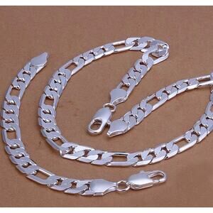 12mm Figaro Chain Set 26" Necklace & 8" Bracelet Silver-Tone 925 Stamped Fashion